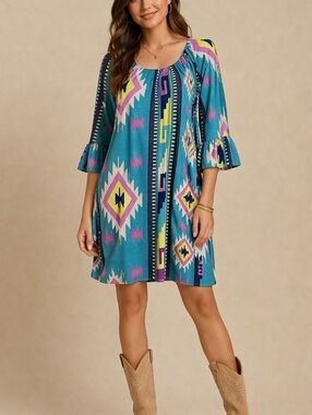 SOUTHWESTERN Aztec Off Shoulder Cowgirl Cover-up Dress